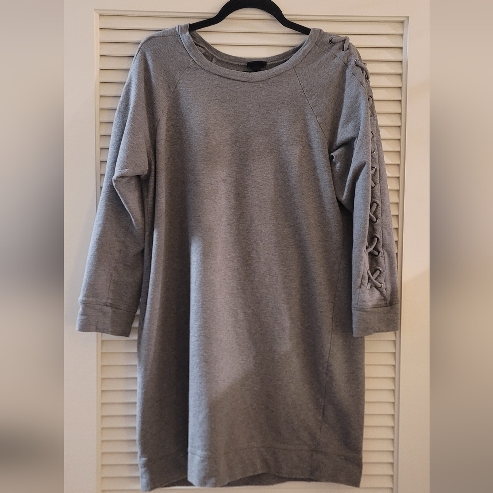 Torrid - (Plus-Size) Grey Long-Sleeve Sweater Dress With Lace-Up Detail
